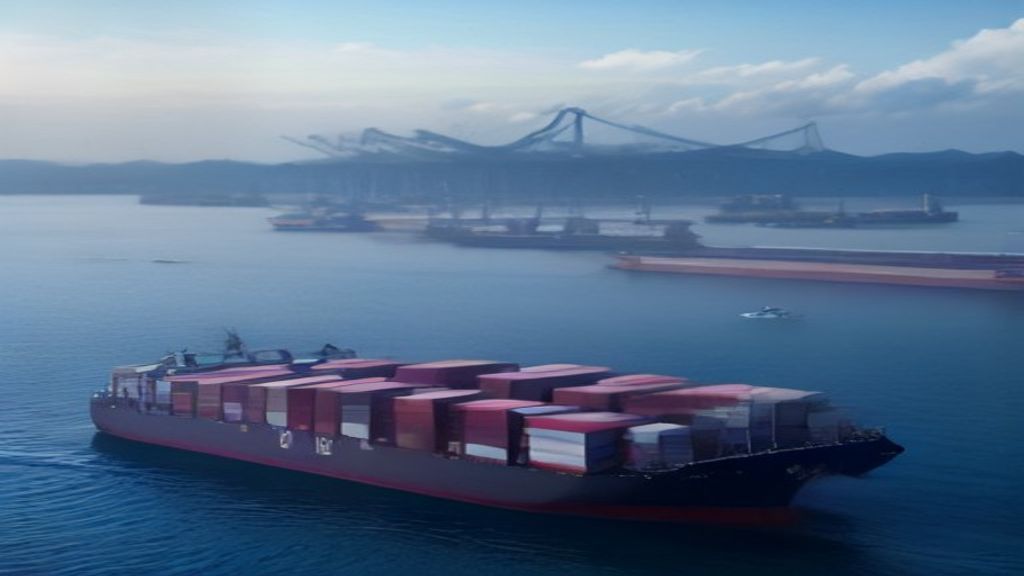 Container ship at Port of Los Angeles at sunset